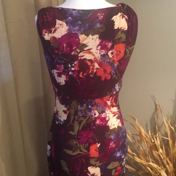 Lauren Ralph Lauren Sheath Dress 14 Purple Floral V Neck Stretch Faux Wrap Midi - Picture 4 of 7